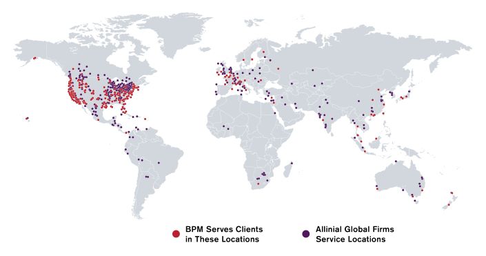 World map with red, purple, blue dots showing service locations around the globe