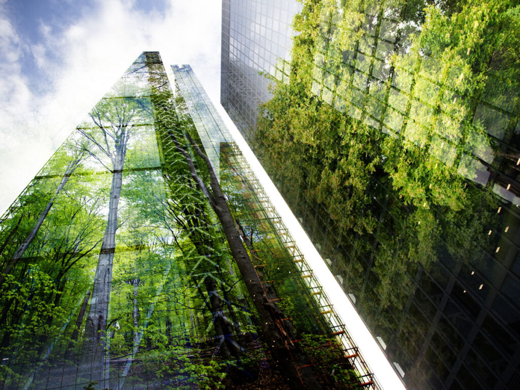 view looking up between several tall buildings