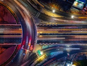 overhead view of busy overpass traffic