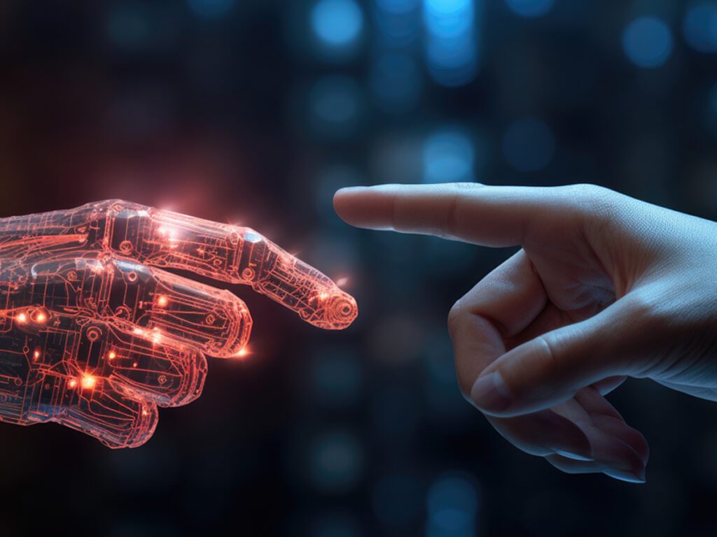 AI hand and human hand touching fingers